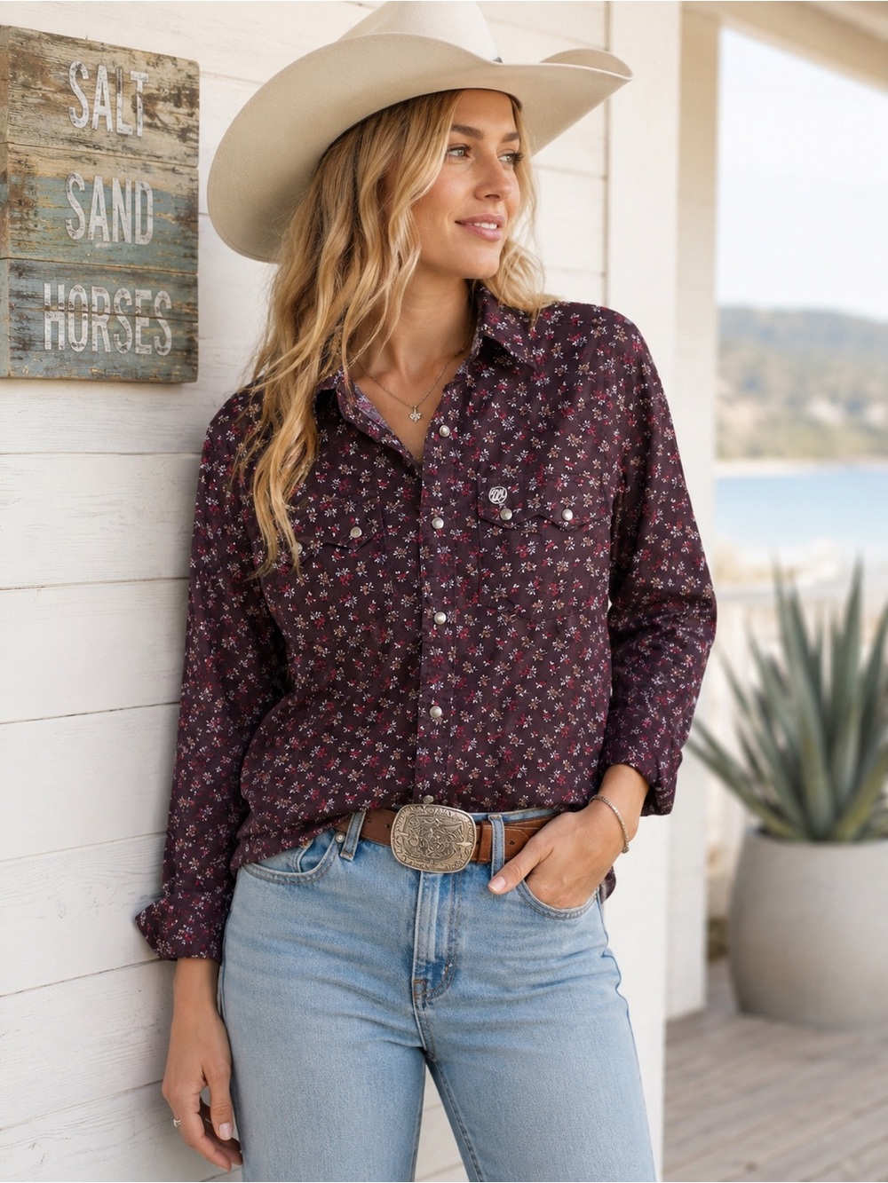 Vintage Wrangler Brown with Burgundy Floral Button-Down Shirt
